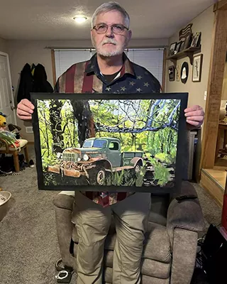 Custom landscape painting of a vintage pickup truck in a wooded forest