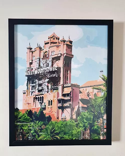 Custom paint by numbers artwork featuring the Hollywood Tower Hotel attraction