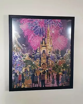 Custom paint by numbers artwork of a castle illuminated by colorful fireworks at night