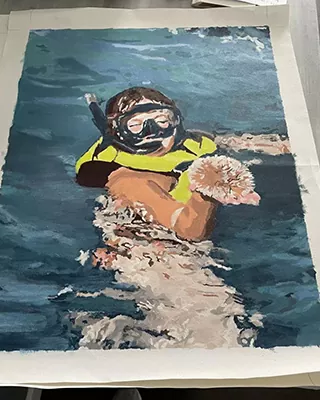 Custom paint by numbers artwork of a snorkeler swimming in clear blue water