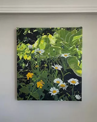 Custom paint by numbers artwork of white daisies and yellow wildflowers surrounded by lush green leaves