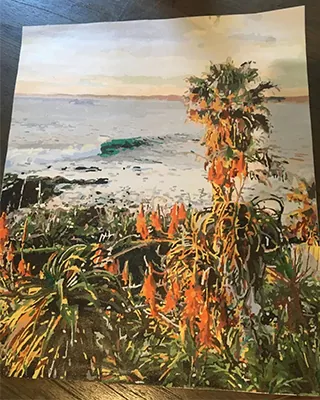 Custom paint by numbers coastal landscape featuring palm trees overlooking the ocean