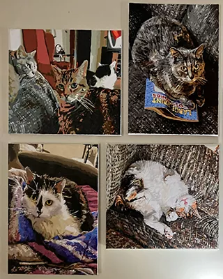 Custom paint by numbers collection featuring four personalized cat portraits