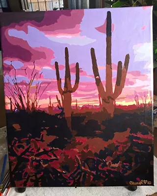 Custom paint by numbers desert landscape featuring towering cacti at a vibrant sunset