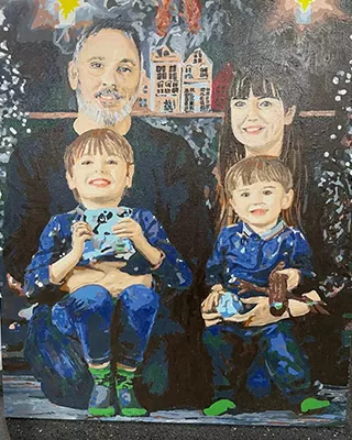 Custom paint by numbers family portrait featuring parents with two young children.