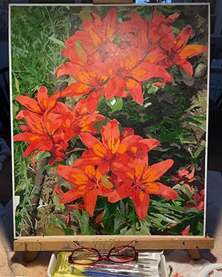 Custom paint by numbers floral artwork featuring vibrant orange lilies in full bloom