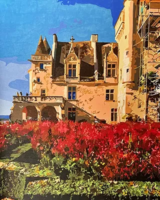 Custom paint by numbers landscape featuring a historic castle surrounded by vibrant red gardens