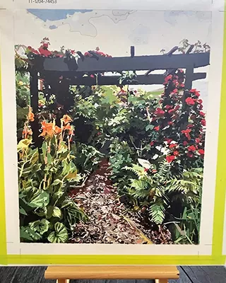 Custom paint by numbers landscape featuring a lush garden path surrounded by colorful flowers