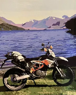 Custom paint by numbers landscape featuring a motorcycle beside a mountain lake
