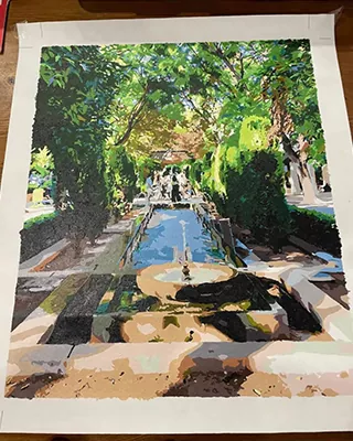 Custom paint by numbers landscape featuring a tree lined garden with a long reflecting pool