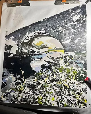 Custom paint by numbers landscape of a historic stone bridge spanning a peaceful river