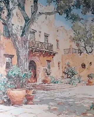 Custom paint by numbers landscape of a sunlit Mediterranean courtyard with a historic villa