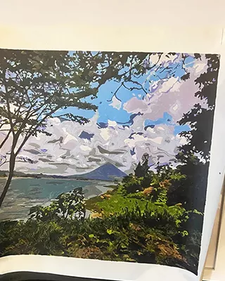 Custom paint by numbers landscape of a tropical lake with mountain views