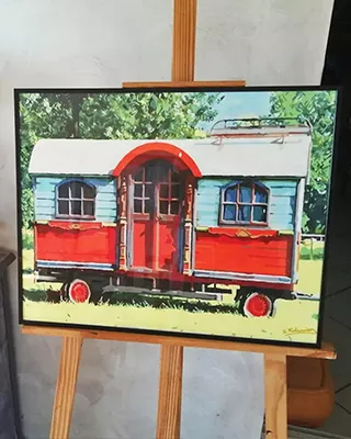 Custom paint by numbers of a colorful vintage caravan in the countryside
