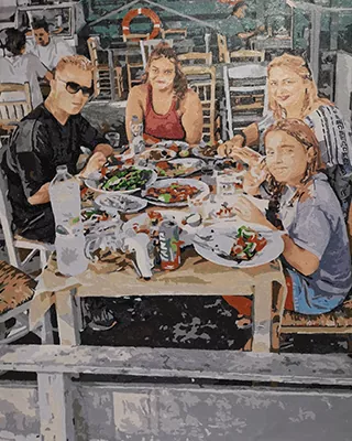 Custom paint by numbers of a family enjoying a meal together at a restaurant