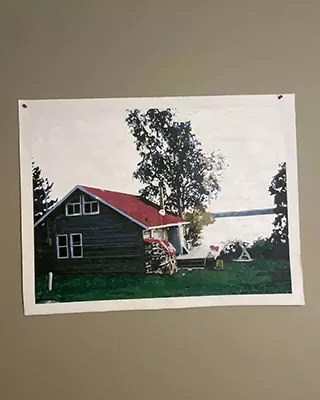 Custom paint by numbers of a lakeside cabin with a red roof