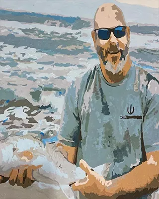 Custom paint by numbers of a man holding a fish by the ocean