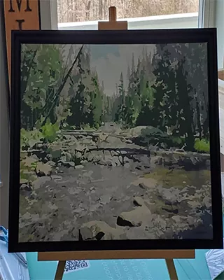 Custom paint by numbers of a peaceful forest river landscape