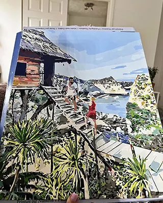 Custom paint by numbers of a tropical coastal scene with a wooden cabin and ocean view