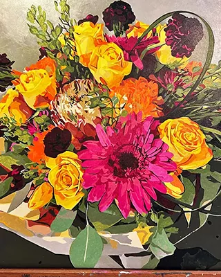 Custom paint by numbers of a vibrant bouquet with yellow roses and bright pink flowers