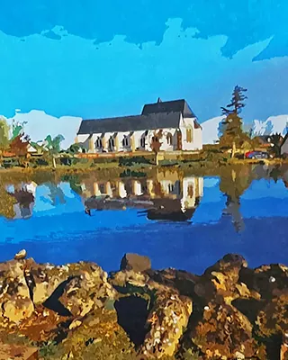 Custom paint by numbers of a white church reflected in a calm blue lake