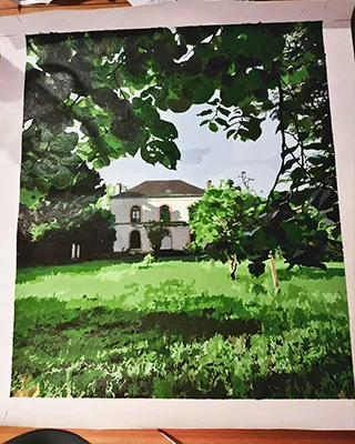 Custom paint by numbers of a white country house surrounded by lush green trees and lawn