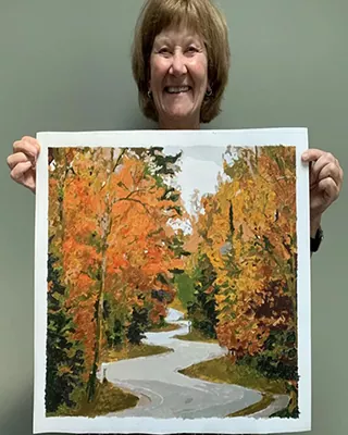 Custom paint by numbers of a winding road surrounded by colorful autumn trees