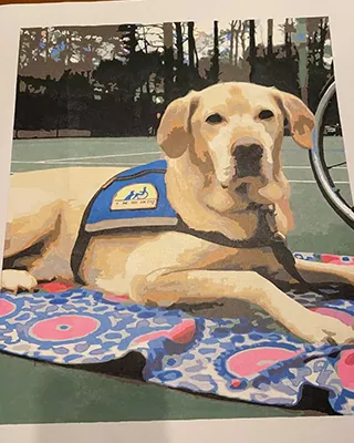 Custom paint by numbers of a yellow service dog resting on a colorful blanket