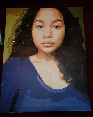 Custom paint by numbers portrait featuring a woman with long curly hair.