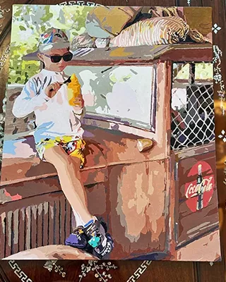 Custom paint by numbers portrait of a Child Sitting on a truck Hood