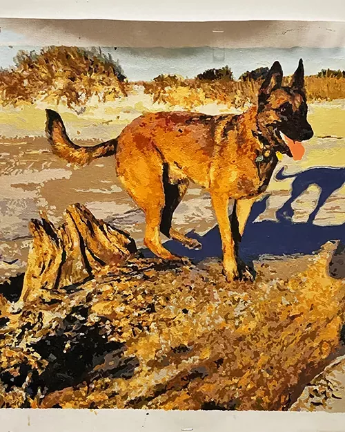 Custom paint by numbers portrait of a German Shepherd standing outdoors