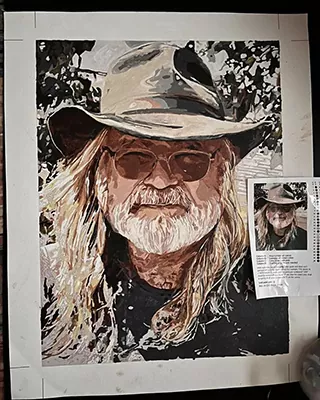 Custom paint by numbers portrait of a bearded man wearing a wide brim hat and sunglasses
