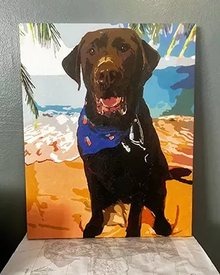 Custom paint by numbers portrait of a black Labrador enjoying a sunny beach