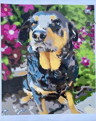 Custom paint by numbers portrait of a black and tan dog surrounded by colorful garden flowers