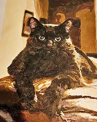 Custom paint by numbers portrait of a black cat lounging on a couch