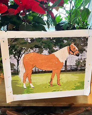 Custom paint by numbers portrait of a chestnut and white horse standing in a green field