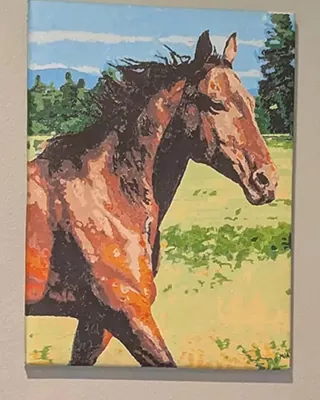 Custom paint by numbers portrait of a chestnut horse running through a green pasture