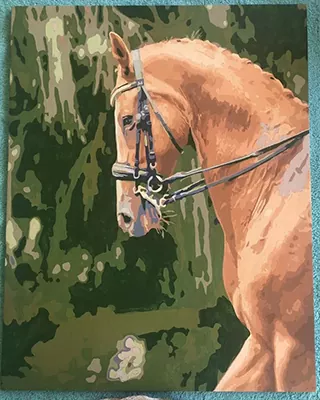 Custom paint by numbers portrait of a chestnut horse wearing a bridle