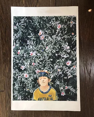 Custom paint by numbers portrait of a child standing in front of blooming flowers