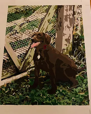 Custom paint by numbers portrait of a chocolate Labrador sitting beside a wooden fence