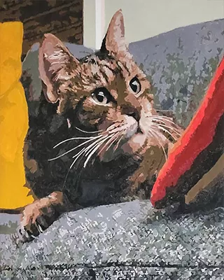 Custom paint by numbers portrait of a curious tabby cat relaxing indoors