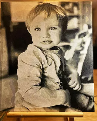 Custom paint by numbers portrait of a curious toddler in a timeless black and white style