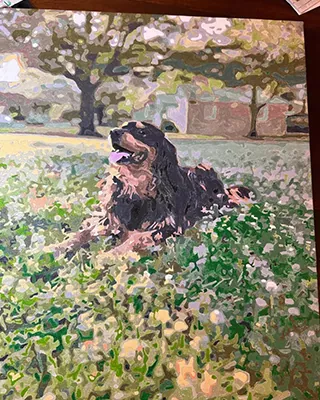 Custom paint by numbers portrait of a fluffy black and tan dog relaxing in a flower filled meadow