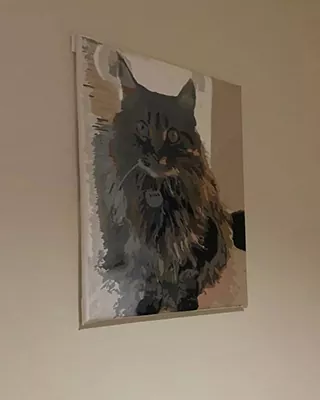 Custom paint by numbers portrait of a fluffy black cat displayed on a wall