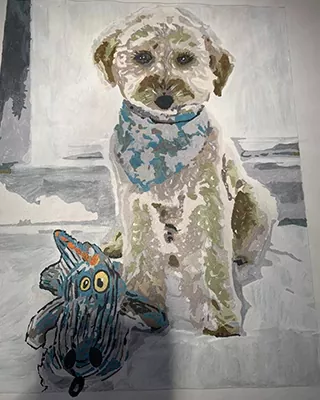 Custom paint by numbers portrait of a fluffy cream colored dog with its favorite toy