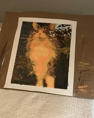 Custom paint by numbers portrait of a fluffy orange cat standing outdoors