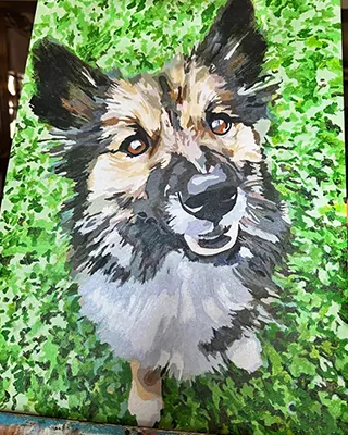 Custom paint by numbers portrait of a fluffy shepherd dog in a lush green field
