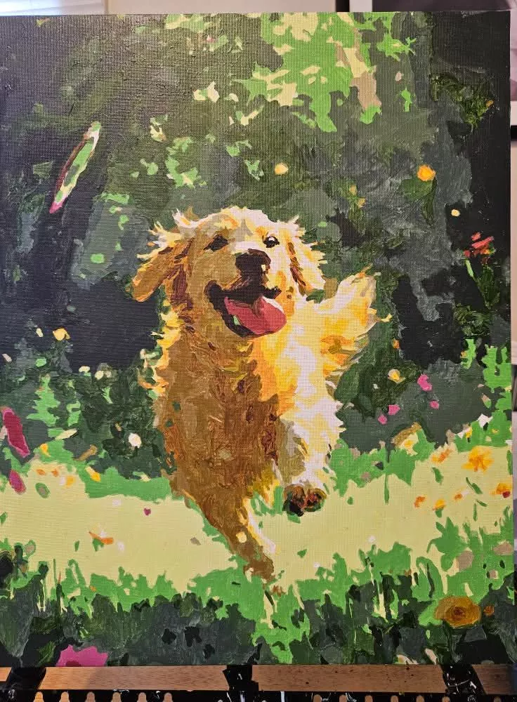 Custom paint by numbers portrait of a happy golden dog running through a colorful garden