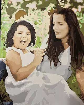 Custom paint by numbers portrait of a mother holding her smiling daughter outdoors