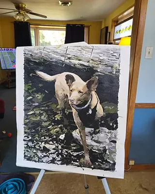 Custom paint by numbers portrait of a playful dog running outdoors